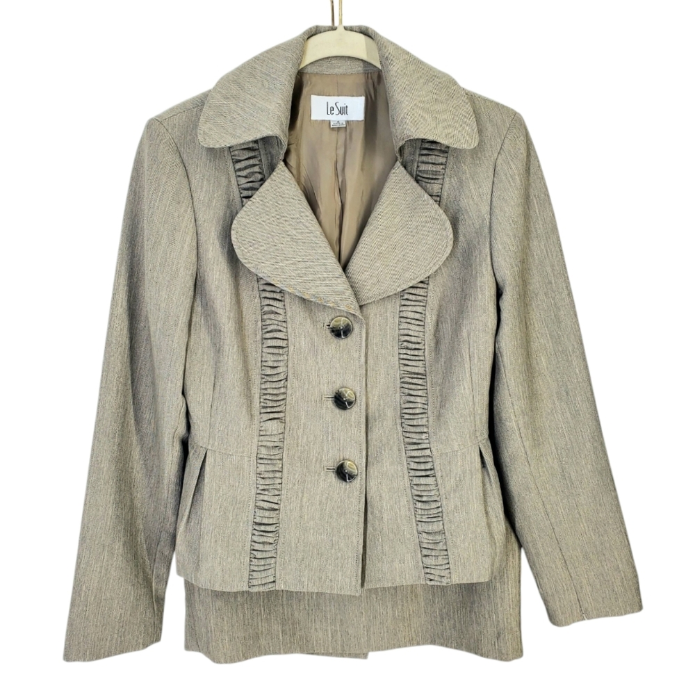 LeSuit Three Button Jacket & Skirt Suit Set Neutral Tan Beige Gray Weave Sz 6 - Picture 3 of 16